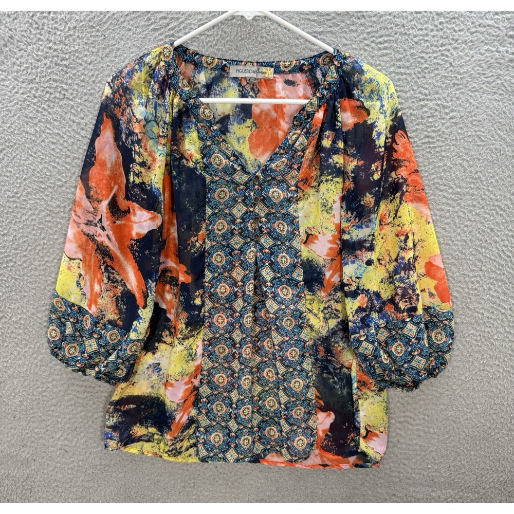 Figueroa & Flower Shirt Womens Small Multicolor Floral Blouse Sheer BOHO Y2K